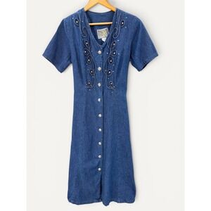VTG Miss & Mrs Denim Midi Dress S/M Blue Soutache Rhinestone Country Western USA